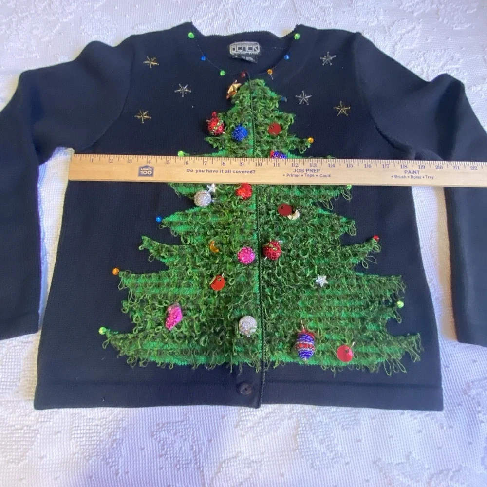 Berek 2 Sweater Christmas Tree 3D Sz S VTG Takako Saxon‎ Black Button Down Front
